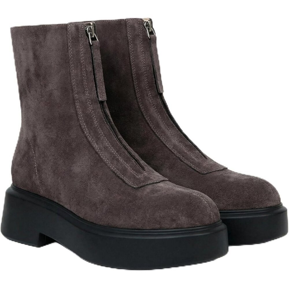 Women's Grey Suede Leather Platform Chelsea Boots Front Zip Chunky Combat Bootie